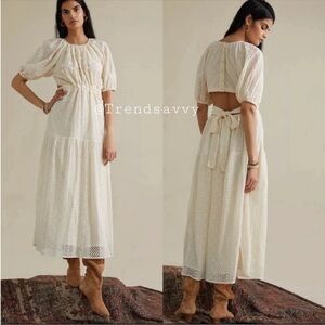 ANTHROPOLOGIE Floral Embroidery Lace Open Back Short Sleeves Maxi Dress 10 NWT